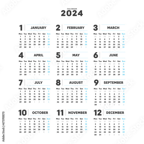 2024年のシンプルな年間カレンダー - 月曜始まり･12ヶ月･1年分の暦 - 正方形
