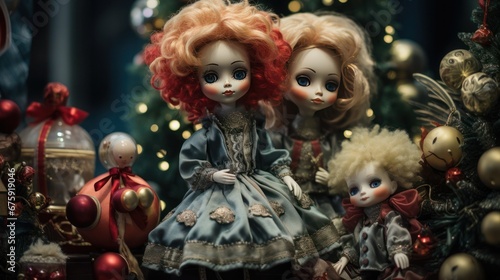 Illustration of a festive atmosphere filled with children's dolls as gifts