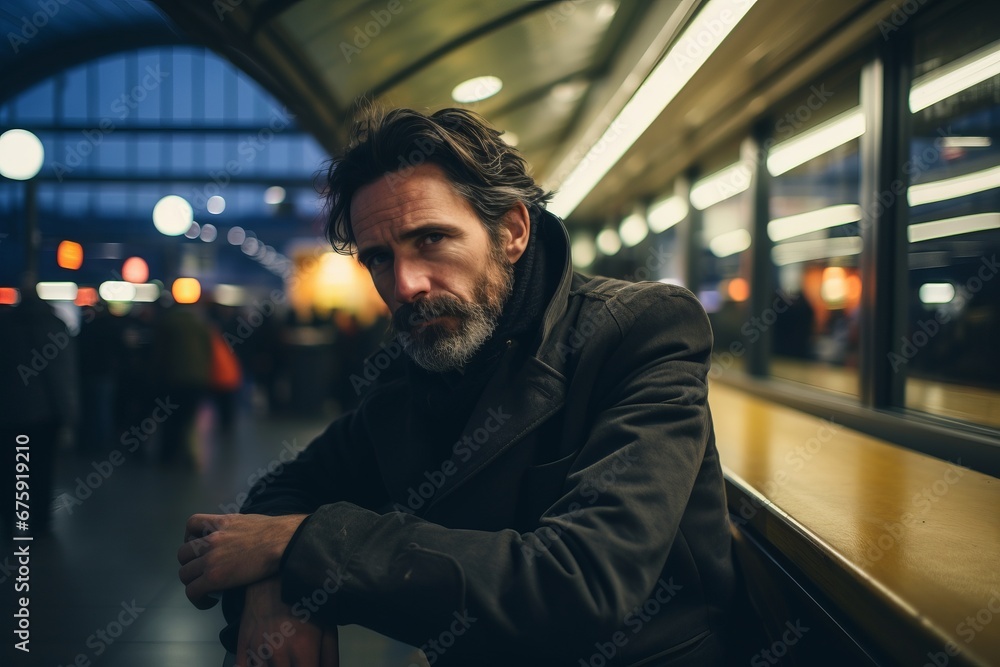 Portrait of a bearded man in a black coat in a metro station. Portrait of a bearded man in a black coat in a metro station.
