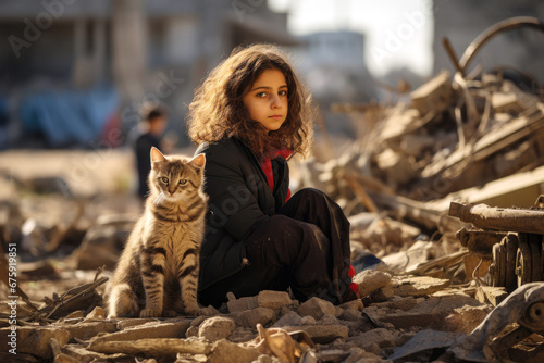 Portrait of a sad orphan girl and cat in destroyed city sitting on the rubble of a collapsed building, house. War conflict victim. Concept of support refugee, children's right, Humanitarian crisis