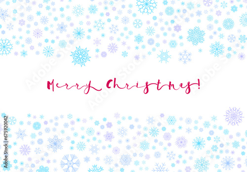 Christmas card with frame of blue and violet snowflakes with Merry Christmas holiday greeting.