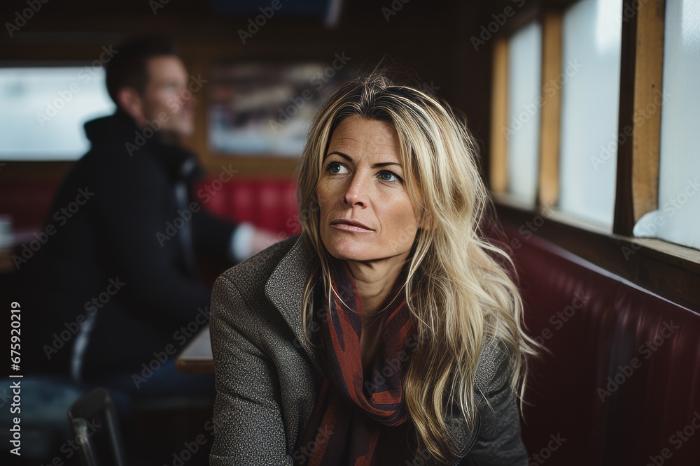 Portrait of a beautiful sad woman sitting in a cafe and looking at the camera