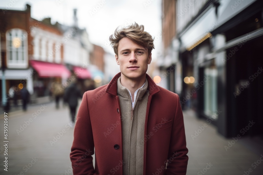 Portrait of a handsome young man with blond hair in a red coat on a city street. Portrait of a handsome young man with blond hair in a red coat on a city street.