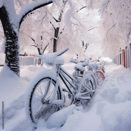 Snow covered bicycles after snowstorm New York City