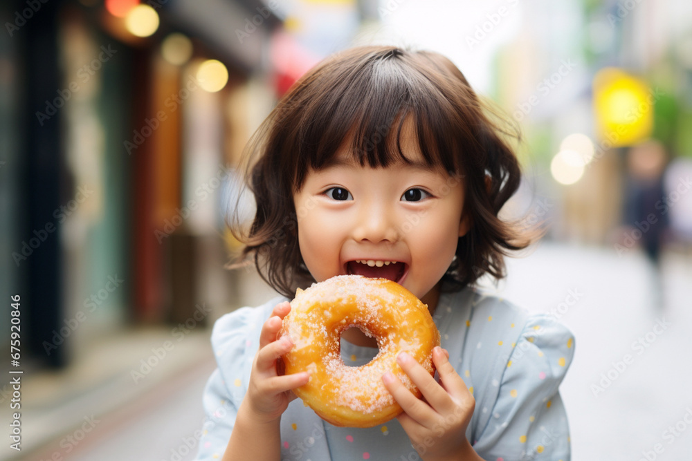 The portrait of a little cute Asian girl holding a delicious icing donut with two hands and eating happily on a city street. Generative AI. The portrait of a little cute Asian girl holding a delicious icing donut with two hands and eating happily on a city street. Generative AI.