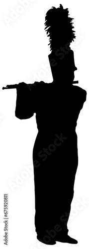Silhouette of marching band flute player in black, isolated 