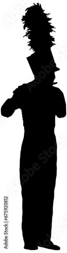 Silhouette of marching band flute player in black, isolated 