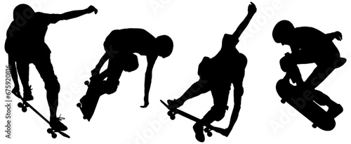 silhouettes in black of four skateboarders doing tricks, isolated 