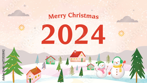 Merry Christmas greetings. Snow atmosphere design background, snowman, typical winter christmas. Horizontal Christmas poster, greeting card, header, website