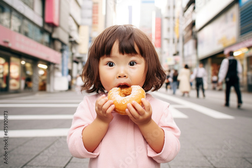 The portrait of a little cute Asian girl holding a delicious icing donut with two hands and eating happily on a city street. Generative AI.