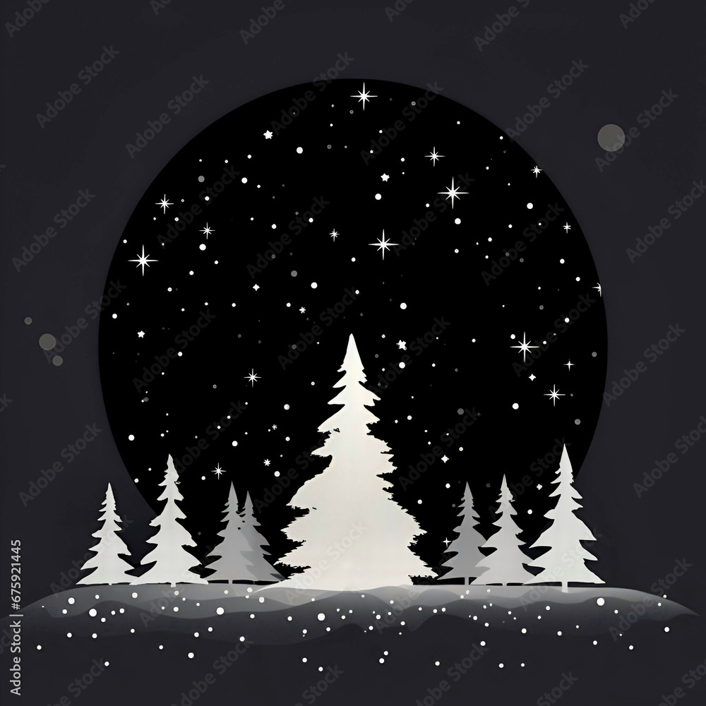 Fototapeta premium Christmas tree with snow, black and white minimalistic illustration 