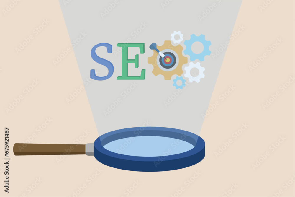 SEO, Search Engine Optimization for websites to be displayed in search results page concept, analytical magnifying glass on the word SEO.