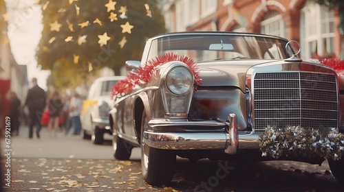 Vintage Christmas Car A classic car adorned with Christmas decorations, radiating holiday spirit on a lively city street. © พงศ์พล วันดี