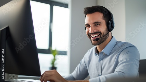 man talking with colleagues remotely using video call on laptop