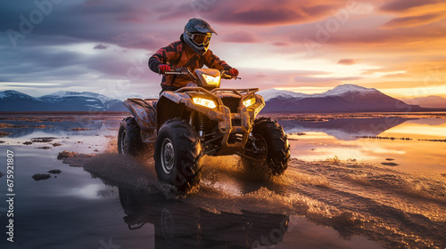 A quad bike racer rides through snow and water. ai generative photo