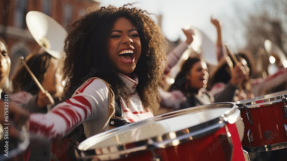 the essence of a Christmas parade, featuring a marching band in red and white uniforms playing drums, creating a festive rhythm that resonates with the holiday spirit. - obrazy, fototapety, plakaty 