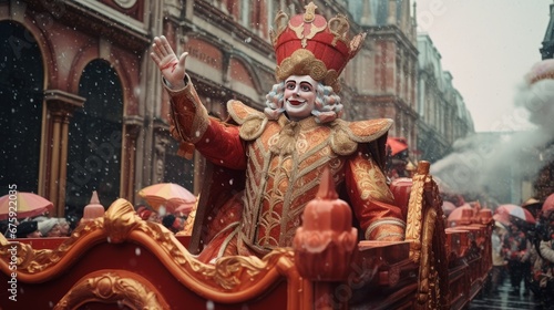 a Christmas parade featuring a regal figure, possibly a king, on a float amidst a festive celebration, embodying the holiday spirit and tradition.