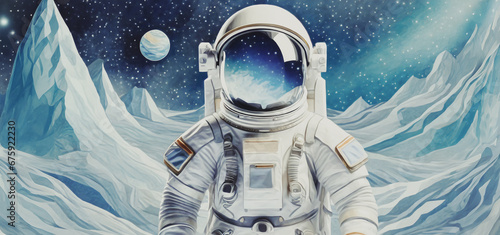 illustrazione primo piano di astronauta nella tuta spaziale sulla superficie di un pianeta freddo e ghiacciato photo
