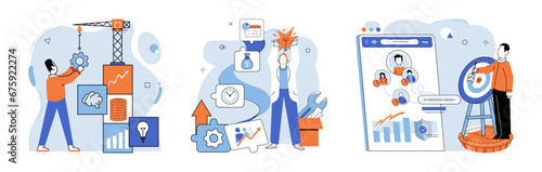 Business development. Vector illustration. Banking technology streamlines financial transactions for convenience Marketing strategies adapt to evolving consumer preferences Strong management resolves