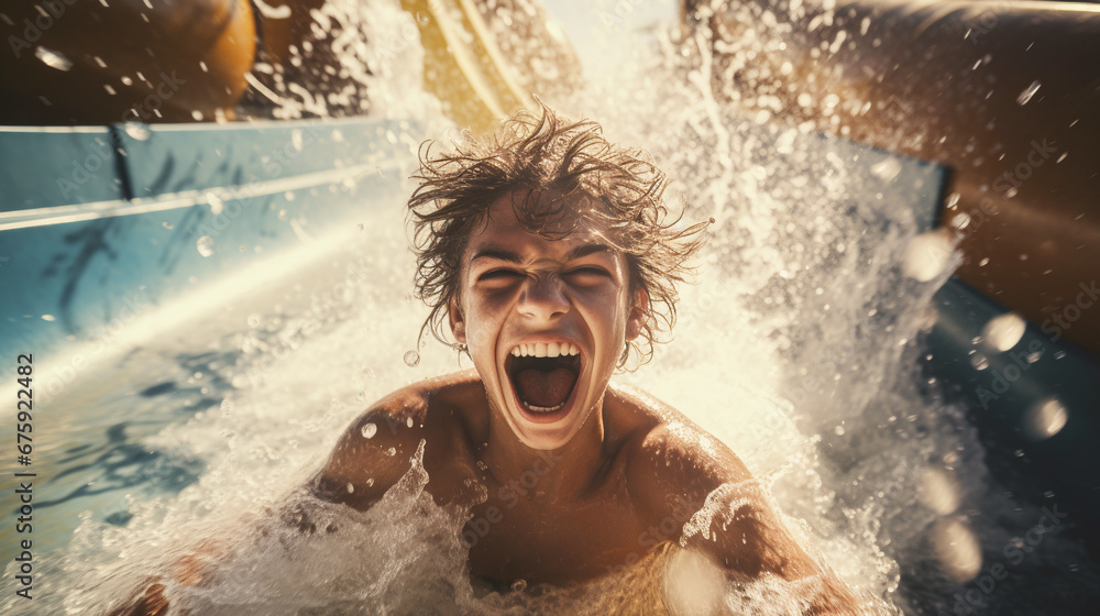 Fototapeta premium portrait of an emotional child sliding down a water slide in a water park. ai generative