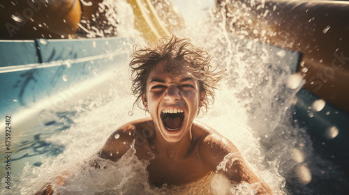 portrait of an emotional child sliding down a water slide in a water park. ai generative