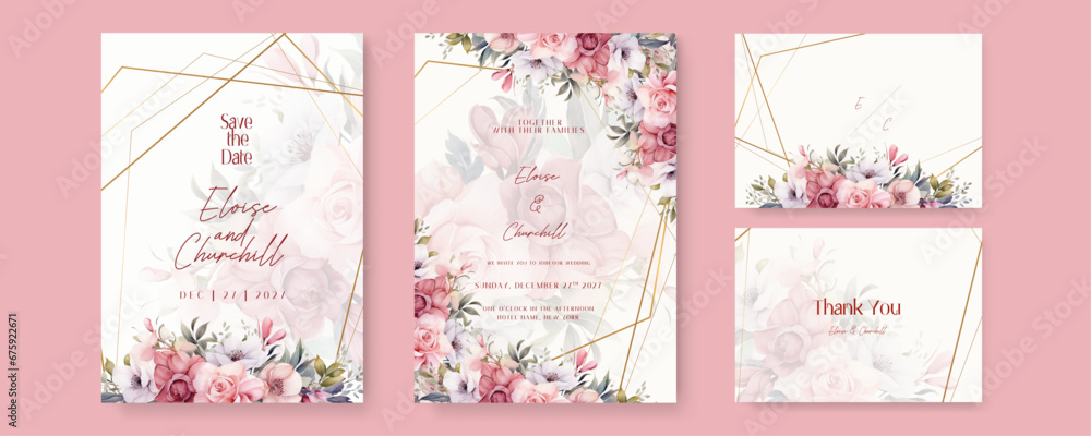 Pink and white rose and poppy rustic vector elegant watercolor wedding invitation floral design - obrazy, fototapety, plakaty 