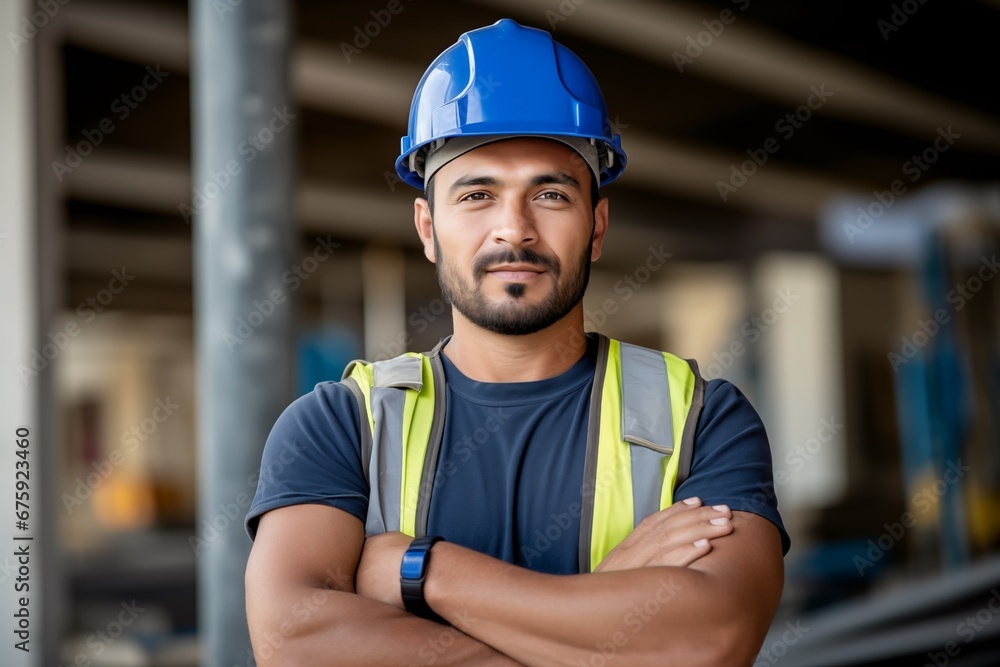 successful mixed race construction site worker in blue hard hat standing with arms crossed and thinking on blurry background - obrazy, fototapety, plakaty 