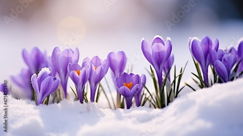 Purple crocus flowers grow in the snow. Spring concept. Wall decoration. ai generative © Oleksandr