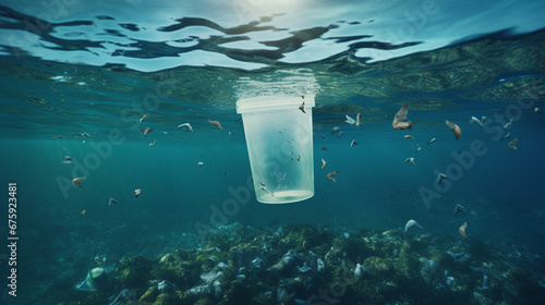 plastic cup floating underwater in the ocean sea pollution by garbage plastic problem. ai generative photo