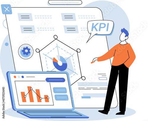 KPI key performance indicator. Vector illustration. Financial metrics provide snapshot of business health Management often focuses on optimization of performance indicators Statistics are key
