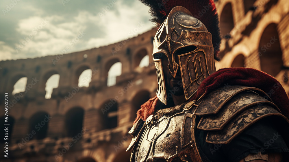 furious gladiator in armor and helmet against the backdrop of the Colosseum. ai generative