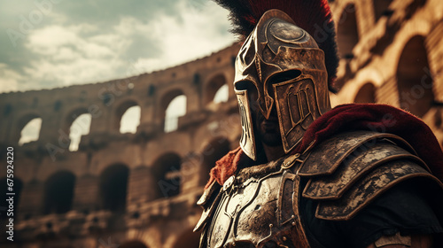 Leinwand Poster furious gladiator in armor and helmet against the backdrop of the Colosseum