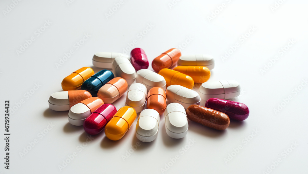 Pills on a white background. Medications that help with illnesses. Medicines for colds, ailments and pain.