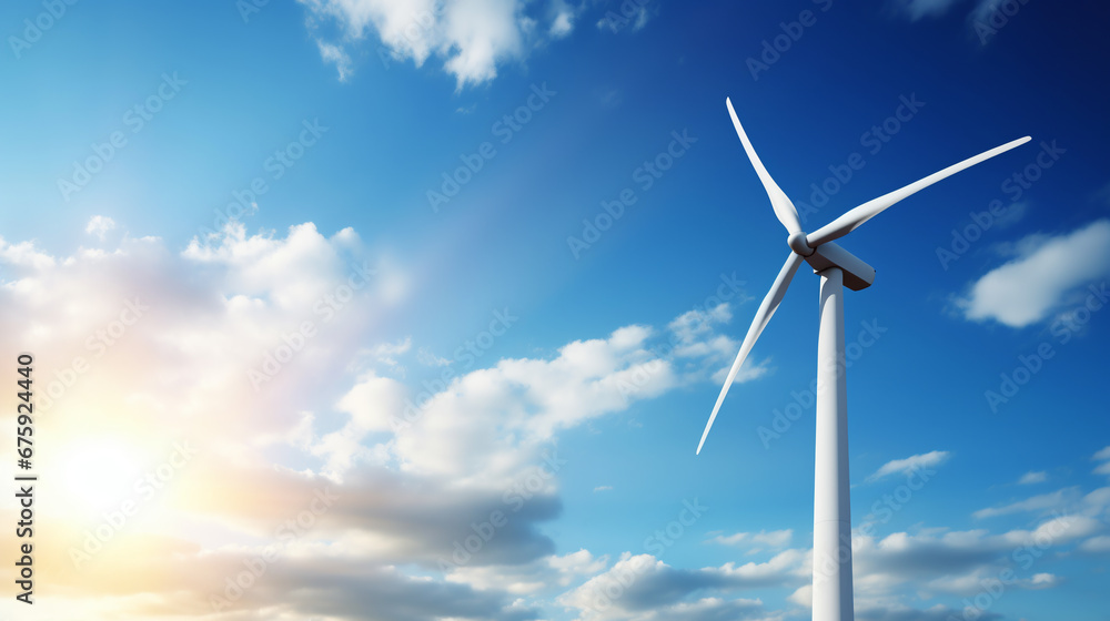 Close-up of wind turbine on blue sky background with shining sun. ai generative Close-up of wind turbine on blue sky background with shining sun. ai generative