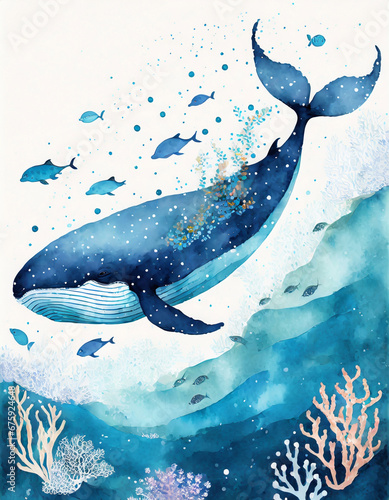 Watercolor painting whale with small fish, blue colors, coral reef