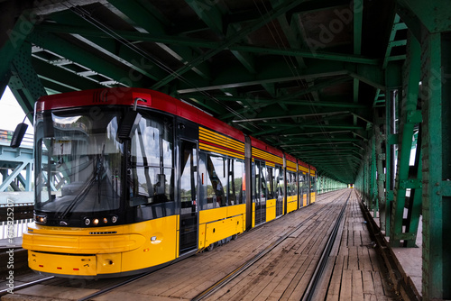 Tramway on the Gdanski Bridge, steel truss bridge across the Vistula in Warsaw, Poland.
