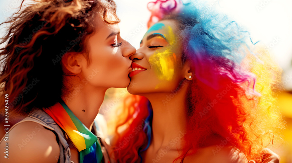 KISSING LESBIAN COUPLE. LGBT FESTIVAL. legal AI