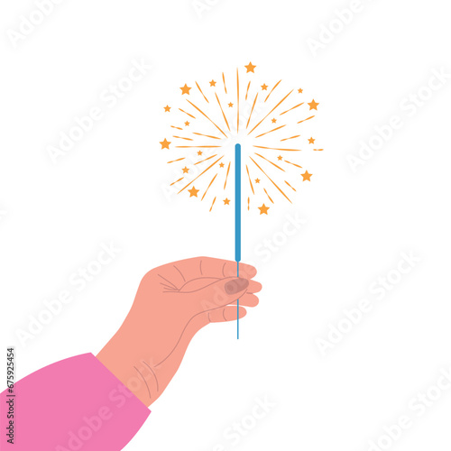 Sparklers in a human hand. They celebrate with burning sparklers in their hands. Celebrating New Year, birthday, Christmas. Vector illustration isolated on white background.