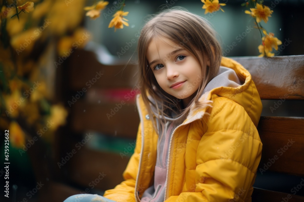 Portrait of a beautiful little girl in a yellow jacket sitting on a bench. Portrait of a beautiful little girl in a yellow jacket sitting on a bench.