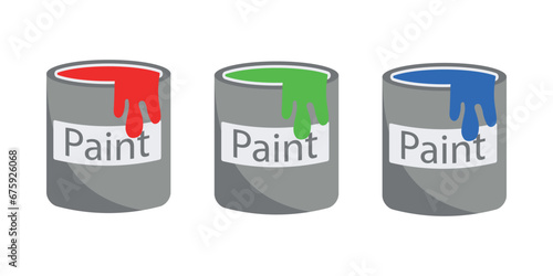 Buckets with multi-colored paint set. Full aluminum containers with different colors of paint for repair or painting. Vector illustration.