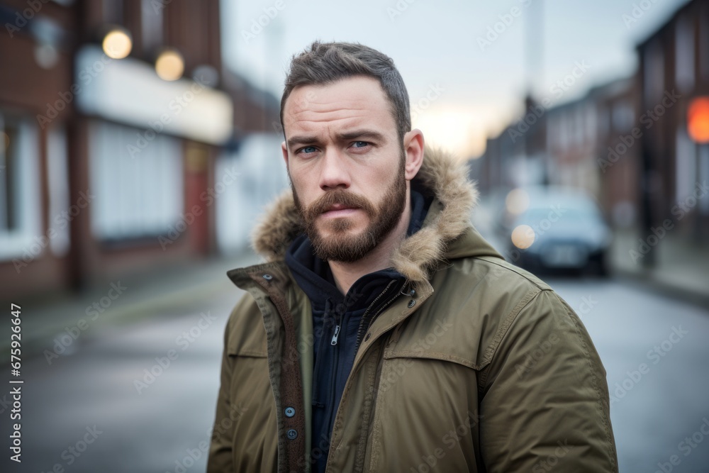 Portrait of a handsome bearded man in a winter jacket on the street. Portrait of a handsome bearded man in a winter jacket on the street.