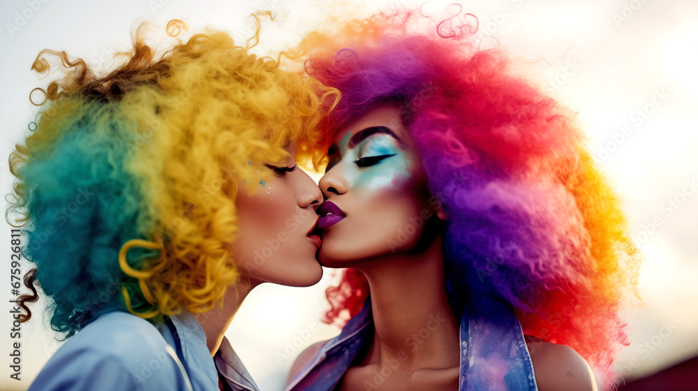 Fototapeta premium KISSING LESBIAN COUPLE. LGBT FESTIVAL. legal AI