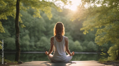 Frau in meditativer Yoga-Pose genießt die Ruhe der Natur auf einer Wiese bei Sonnenuntergang