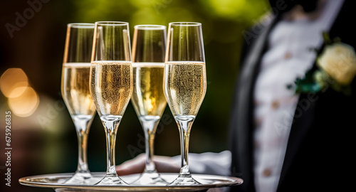 Luxury service, glasses of champagne served by a waiter at a wedding celebration or event in formal English style at luxurious hotel or country estate garden, generative ai