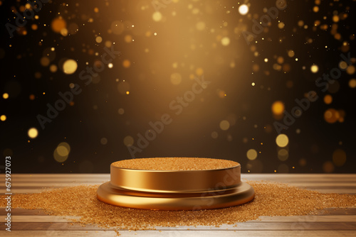 Round gold-colored pedestal podium with falling gold confetti in the background. Product platform layout