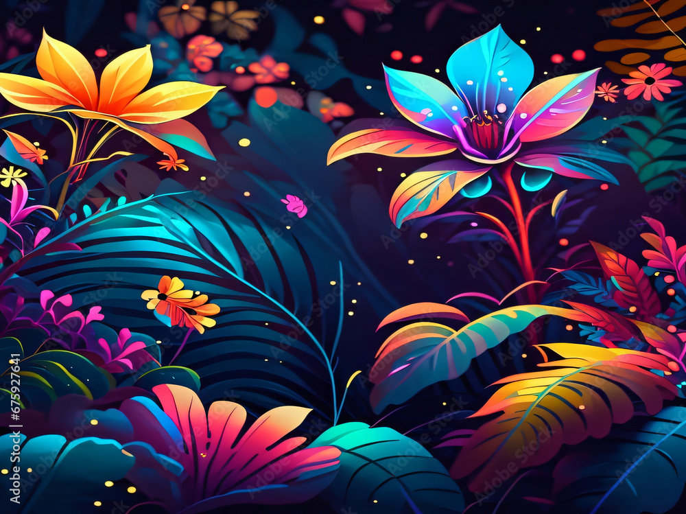 Naklejka premium a lively and colorful stylish retro rose pattern with painted leaves and blossoms that exude a natural and exotic feel, capturing the essence of summer in a playful and charming way