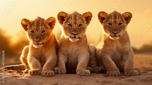 Three lion cubs sitting on the sand near sunset.