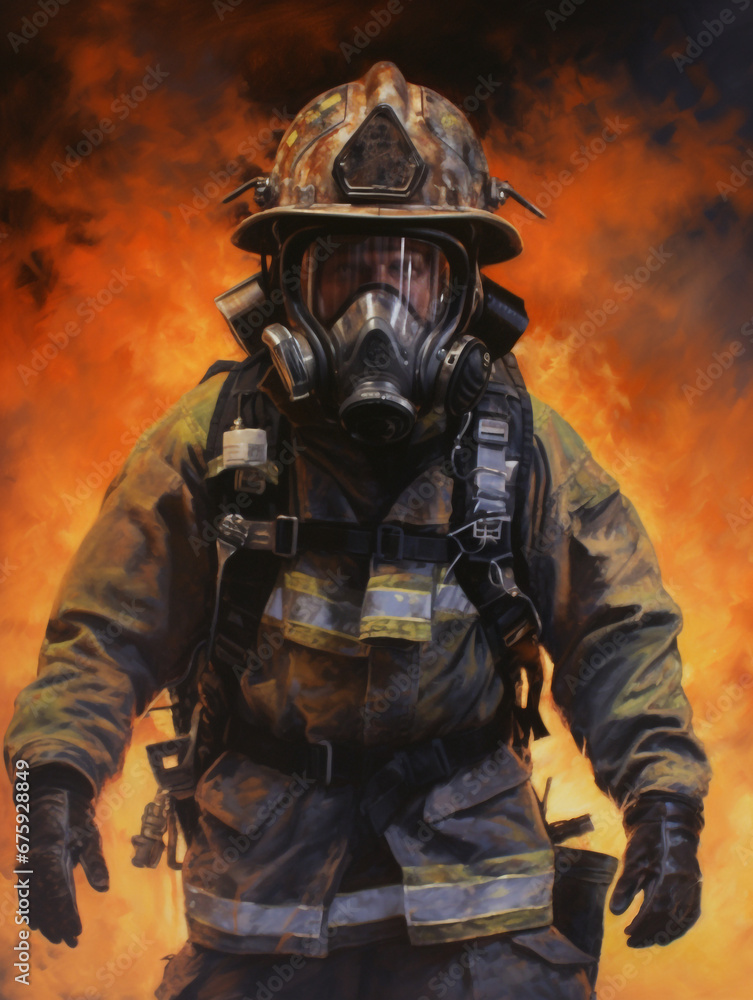 2D flat illustration. A firefighter wades through flames and heat during a fire prevention operation. Very brave when carrying out tasks. 2D flat illustration. A firefighter wades through flames and heat during a fire prevention operation. Very brave when carrying out tasks.