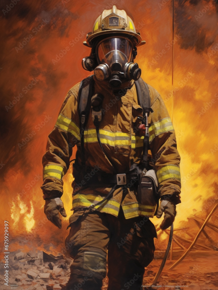2D flat illustration. A firefighter wades through flames and heat during a fire prevention operation. Very brave when carrying out tasks. 2D flat illustration. A firefighter wades through flames and heat during a fire prevention operation. Very brave when carrying out tasks.