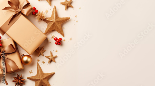 Christmas decoration composition on light gold background